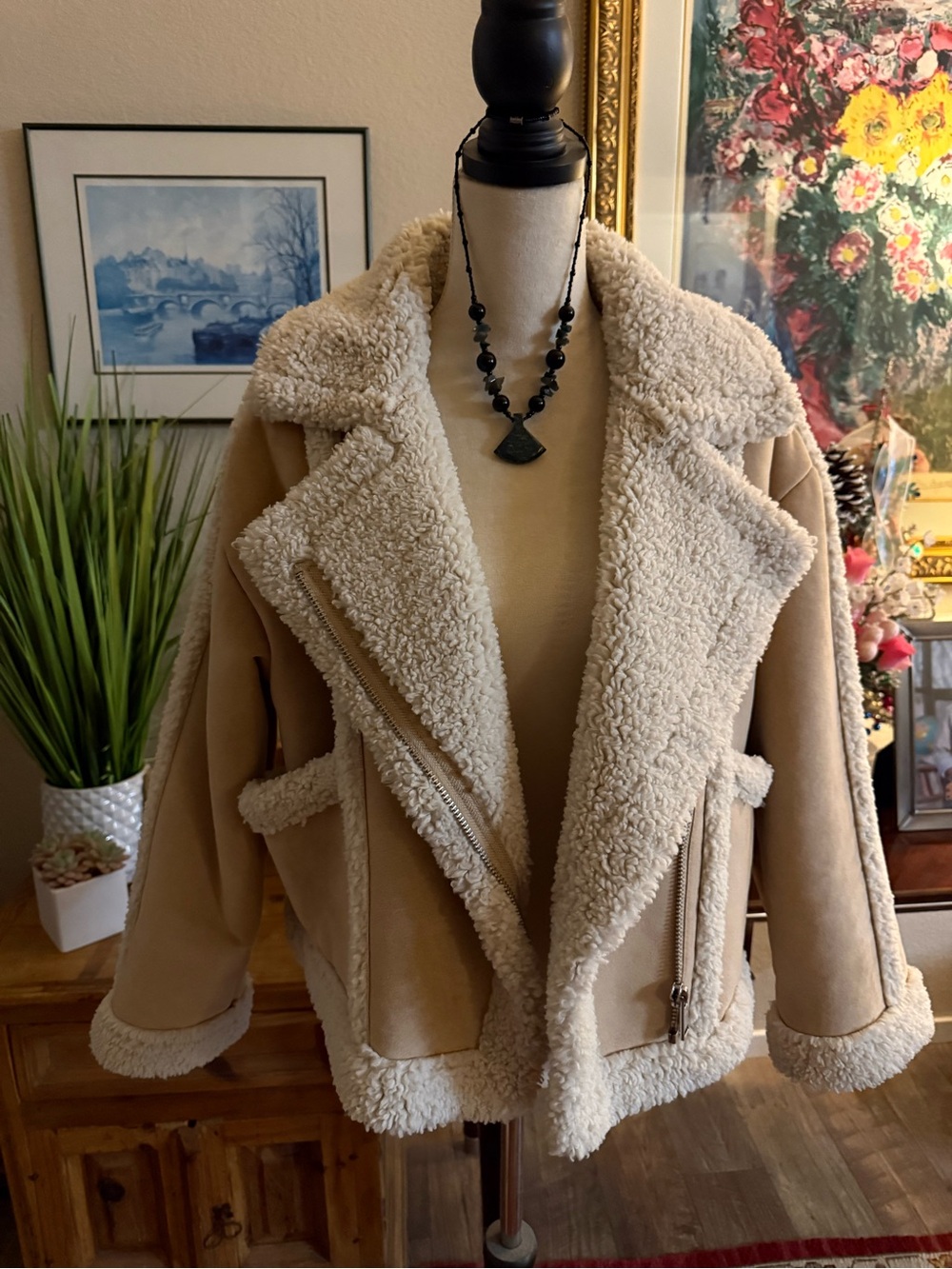 Zara Cream Sherpa Teddy Aviator Jacket